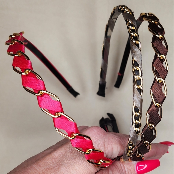 Set of 3 Satin with Gold Chain Accent Headbands - Picture 5 of 8